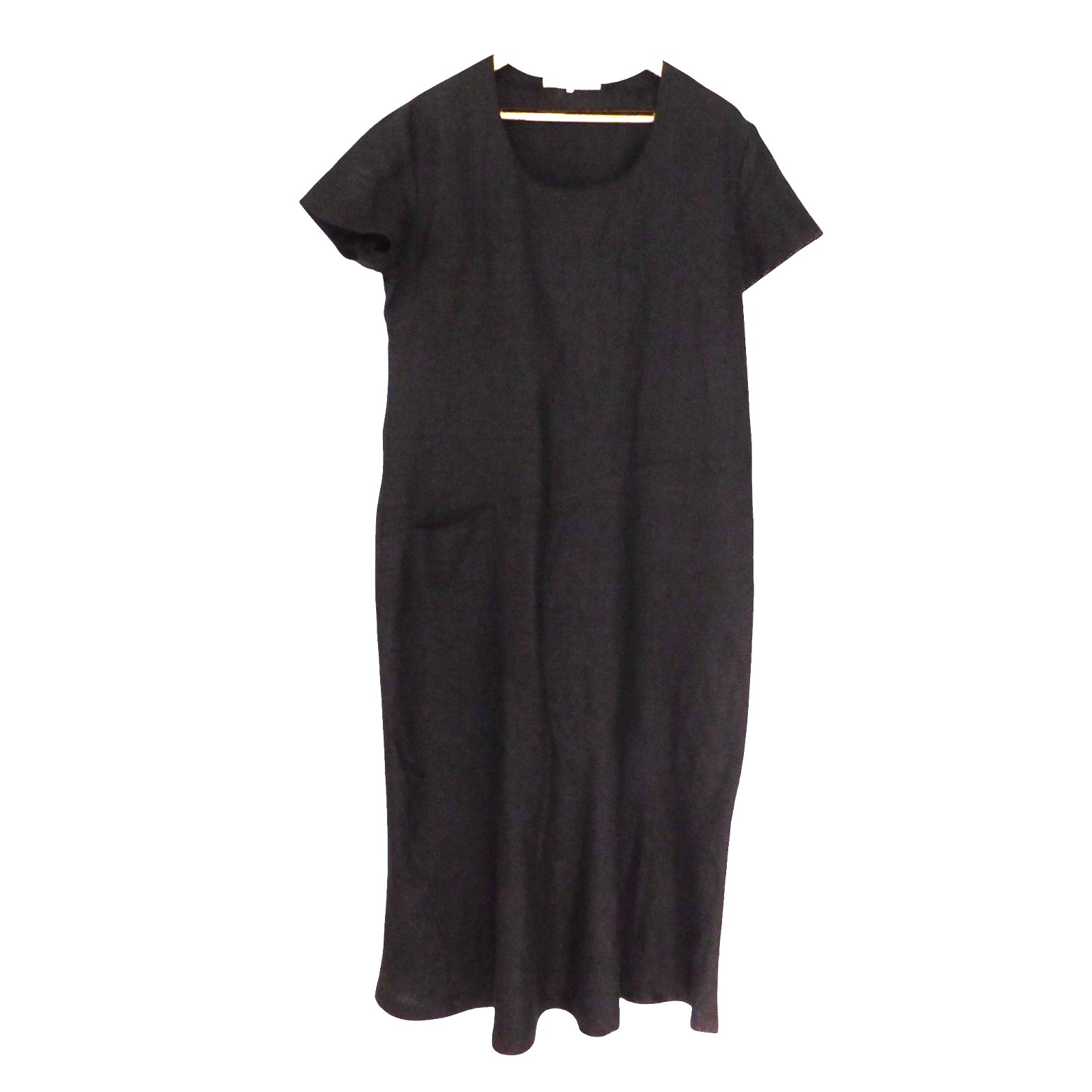 Vintage Black Linen Lagenlook Dress Minimalist Short Sleeve Unlined Size Medium